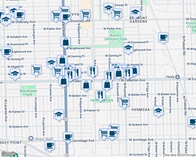 map of restaurants, bars, coffee shops, grocery stores, and more near 4551 West Montana Street in Chicago