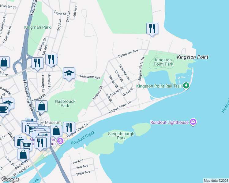 map of restaurants, bars, coffee shops, grocery stores, and more near 36 Ponckhockie Street in Kingston
