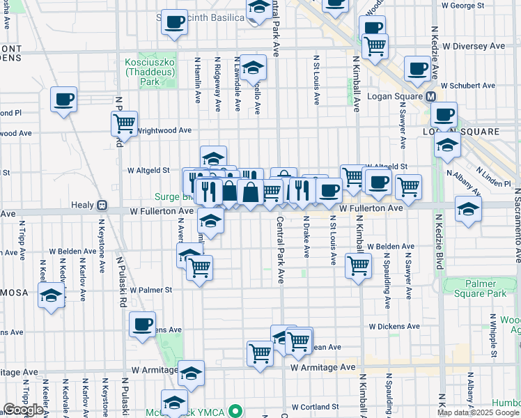 map of restaurants, bars, coffee shops, grocery stores, and more near W Fullerton Ave & N Monticello Ave in Chicago