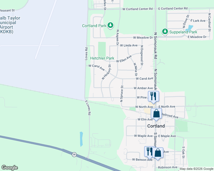 map of restaurants, bars, coffee shops, grocery stores, and more near 104 North Hickory Street in Cortland