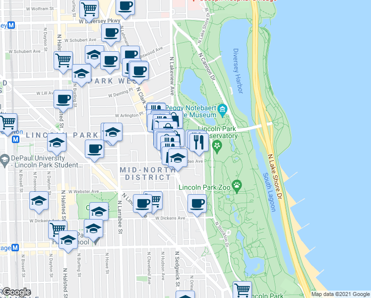 map of restaurants, bars, coffee shops, grocery stores, and more near 2320 North Commonwealth Avenue in Chicago