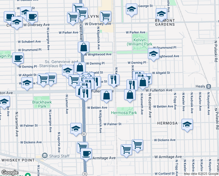 map of restaurants, bars, coffee shops, grocery stores, and more near 4619 West Montana Street in Chicago