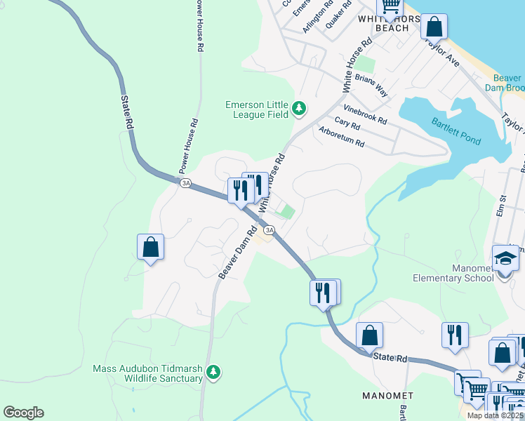 map of restaurants, bars, coffee shops, grocery stores, and more near 7 White Horse Road in Plymouth