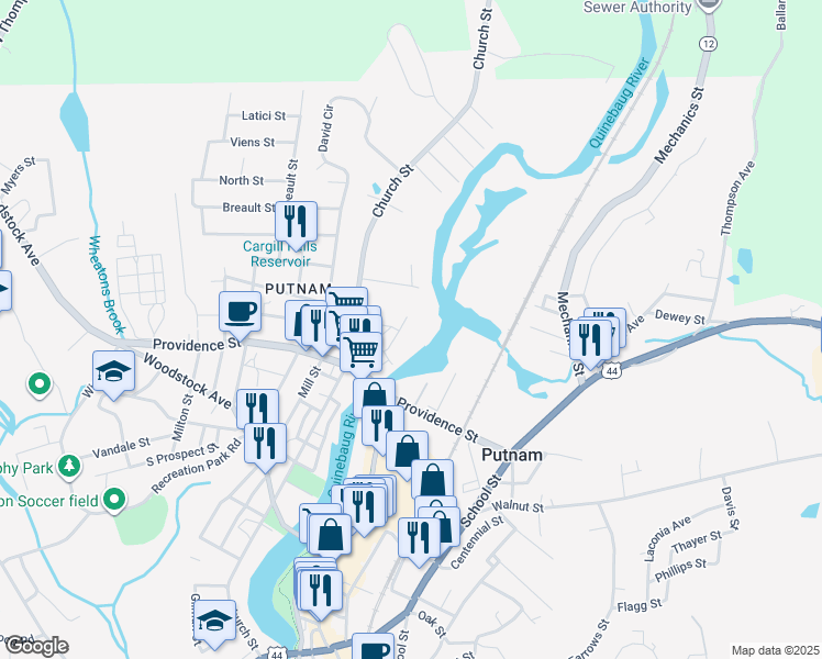 map of restaurants, bars, coffee shops, grocery stores, and more near 65 Ballou Street in Putnam