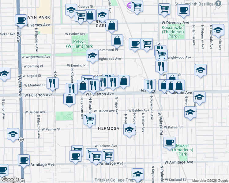 map of restaurants, bars, coffee shops, grocery stores, and more near 4234 West Fullerton Avenue in Chicago