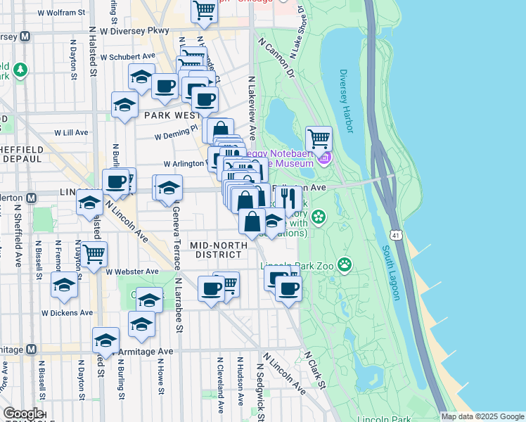 map of restaurants, bars, coffee shops, grocery stores, and more near 2322 North Commonwealth Avenue in Chicago
