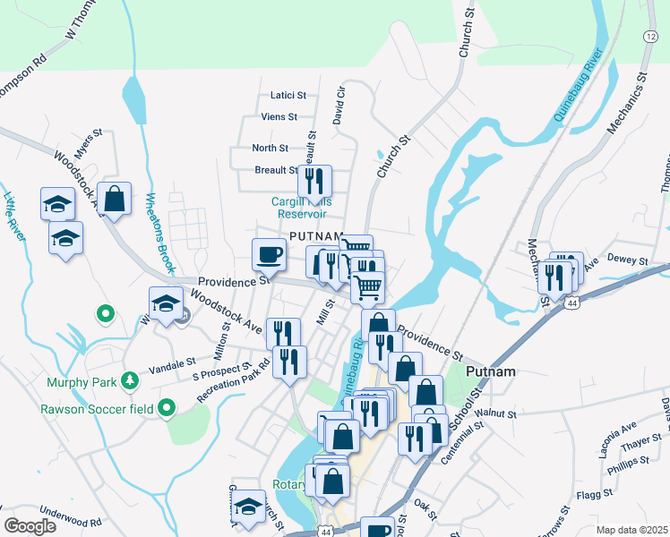 map of restaurants, bars, coffee shops, grocery stores, and more near 95 Van Den Noort Street in Putnam