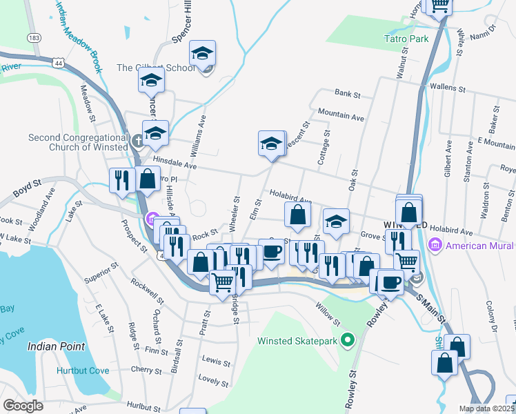 map of restaurants, bars, coffee shops, grocery stores, and more near 139 Elm Street in Winsted
