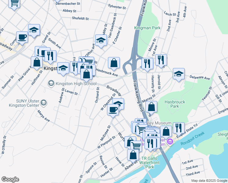 map of restaurants, bars, coffee shops, grocery stores, and more near 252 Broadway in Kingston