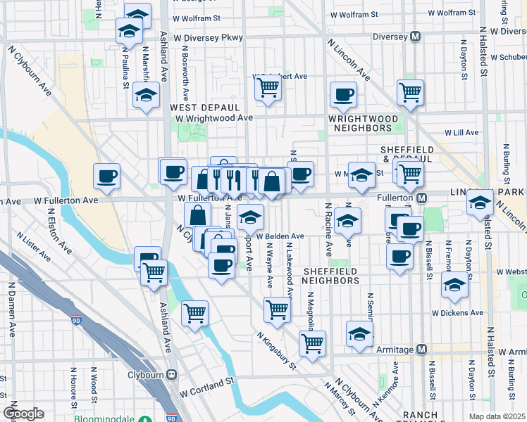 map of restaurants, bars, coffee shops, grocery stores, and more near 1363 West Fullerton Avenue in Chicago