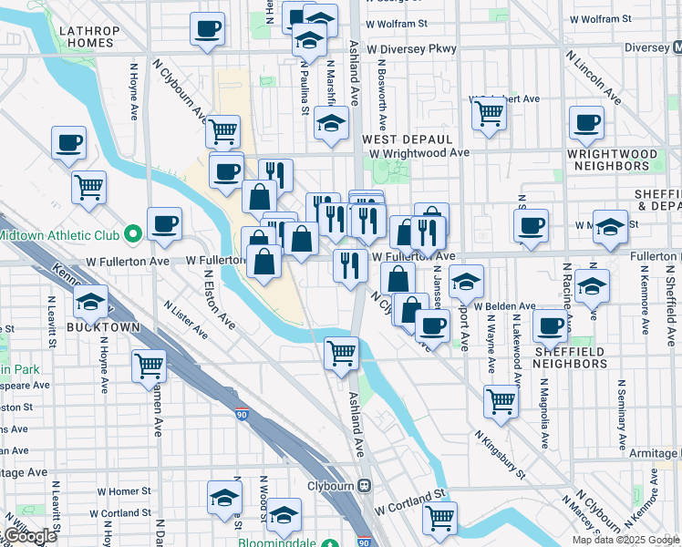 map of restaurants, bars, coffee shops, grocery stores, and more near in Chicago