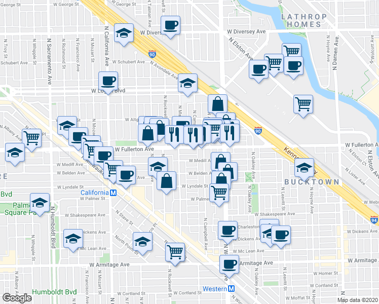 map of restaurants, bars, coffee shops, grocery stores, and more near in Chicago
