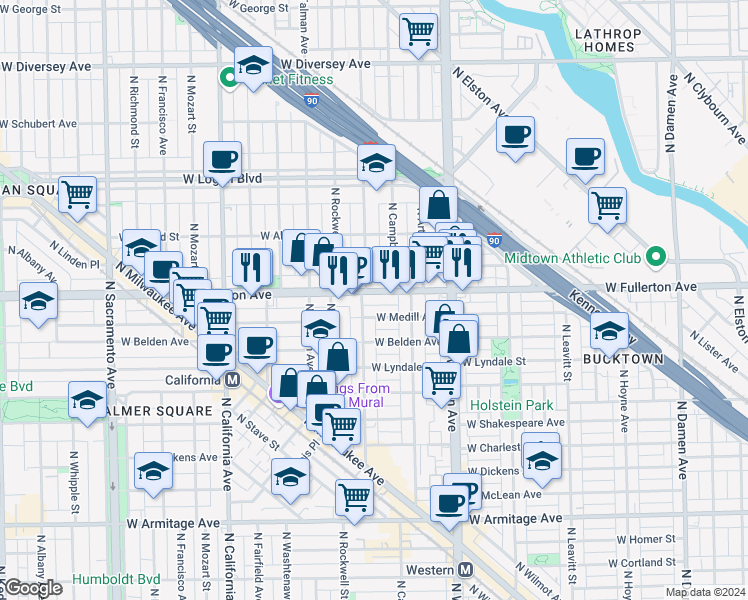 map of restaurants, bars, coffee shops, grocery stores, and more near 2534 West Fullerton Avenue in Chicago