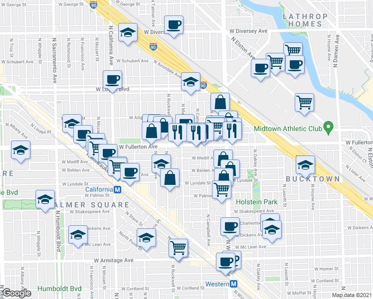 map of restaurants, bars, coffee shops, grocery stores, and more near 2534 West Fullerton Avenue in Chicago