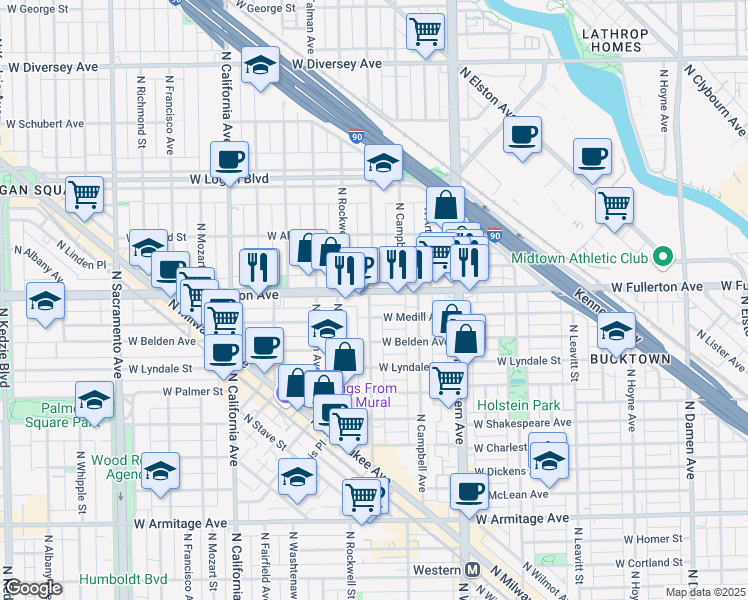 map of restaurants, bars, coffee shops, grocery stores, and more near 2534 West Fullerton Avenue in Chicago
