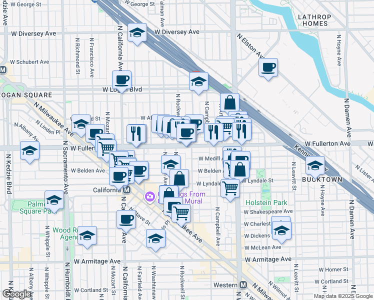 map of restaurants, bars, coffee shops, grocery stores, and more near 2534 West Fullerton Avenue in Chicago