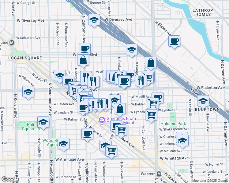 map of restaurants, bars, coffee shops, grocery stores, and more near 2608 West Fullerton Avenue in Chicago