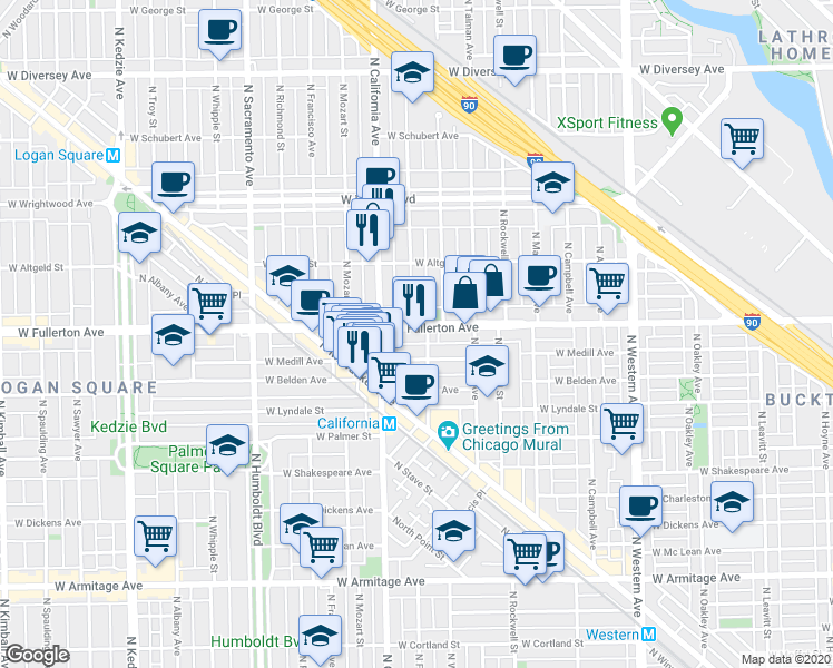 map of restaurants, bars, coffee shops, grocery stores, and more near 2402 North Washtenaw Avenue in Chicago