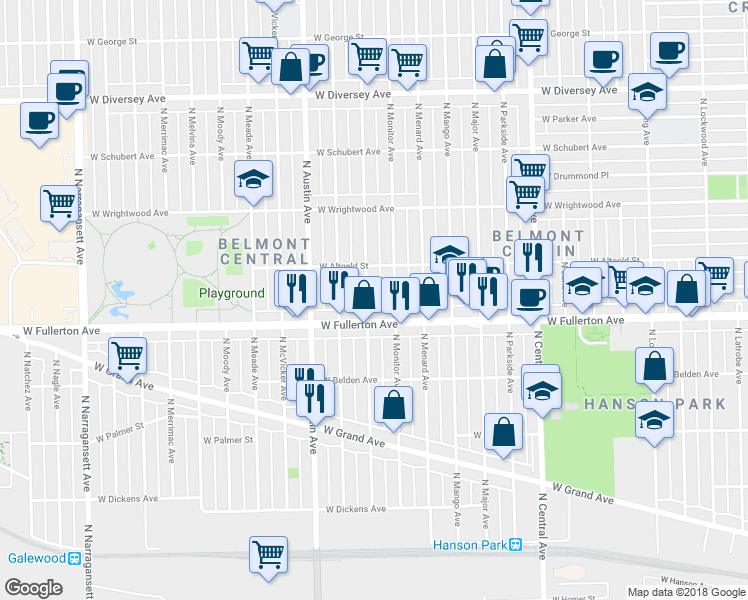 map of restaurants, bars, coffee shops, grocery stores, and more near 2434 North Monitor Avenue in Chicago