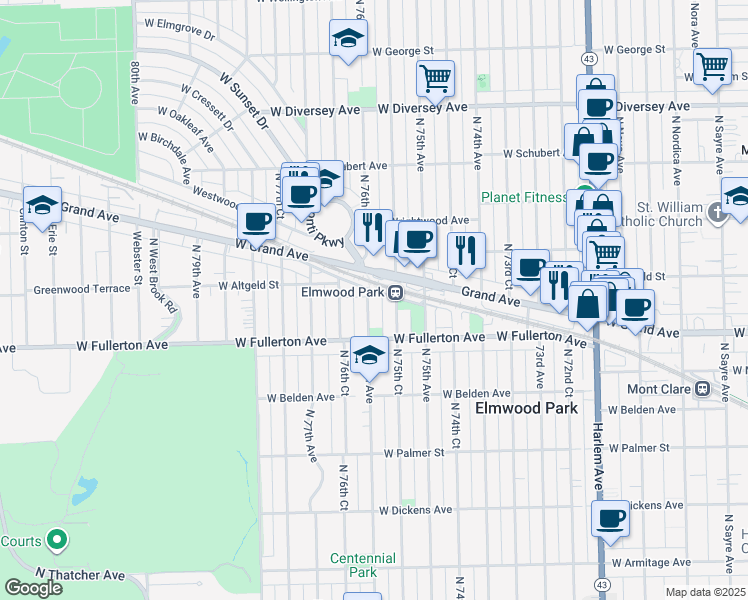 map of restaurants, bars, coffee shops, grocery stores, and more near 7500 West Marwood Avenue in Elmwood Park