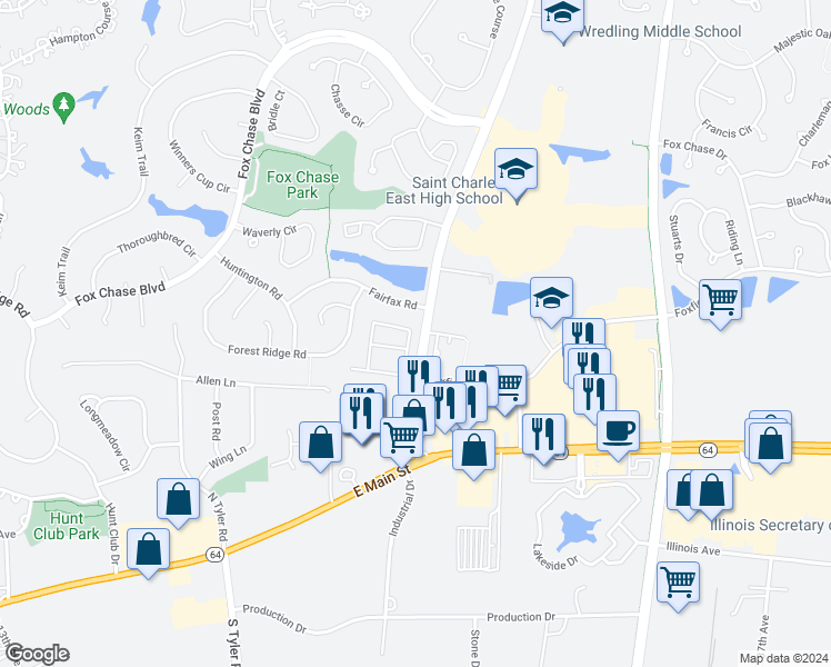 map of restaurants, bars, coffee shops, grocery stores, and more near 710 Derby Course in St. Charles