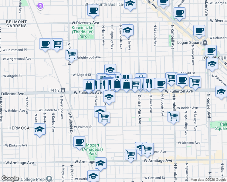 map of restaurants, bars, coffee shops, grocery stores, and more near W Fullerton Ave & N Ridgeway Ave in Chicago