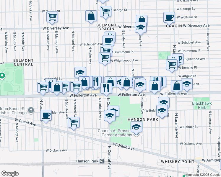 map of restaurants, bars, coffee shops, grocery stores, and more near 2432 North Luna Avenue in Chicago