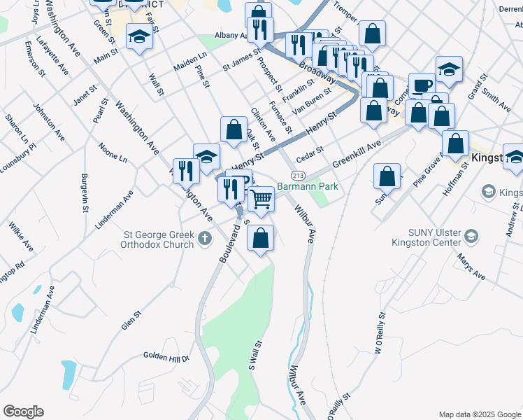 map of restaurants, bars, coffee shops, grocery stores, and more near 1-11 Pine Street in Kingston