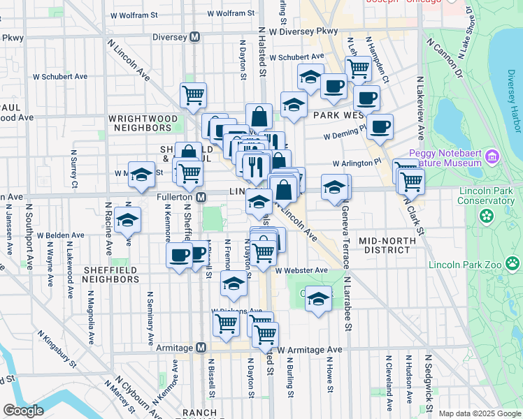 map of restaurants, bars, coffee shops, grocery stores, and more near 2330 North Halsted Street in Chicago