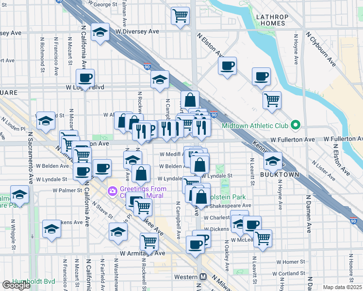 map of restaurants, bars, coffee shops, grocery stores, and more near 2418 West Fullerton Avenue in Chicago