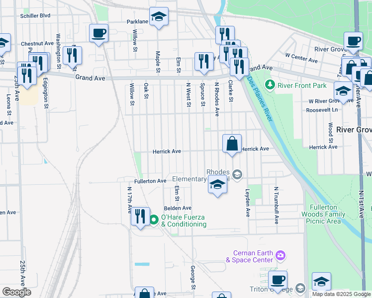 map of restaurants, bars, coffee shops, grocery stores, and more near 2516 North West Street in River Grove