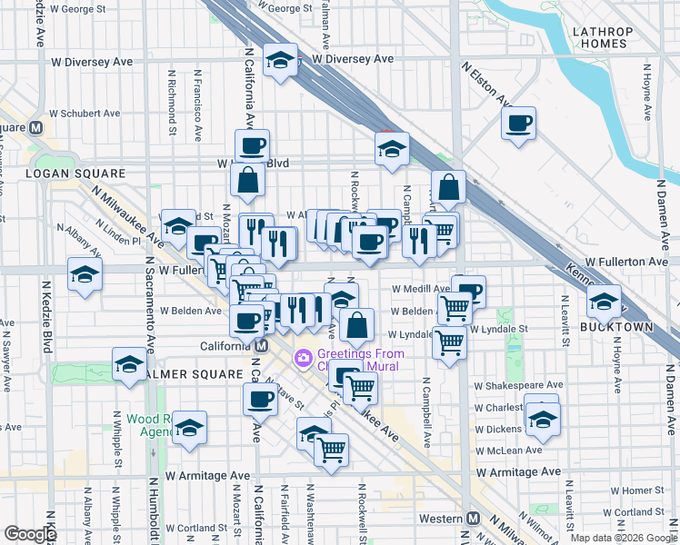 map of restaurants, bars, coffee shops, grocery stores, and more near 2608 West Fullerton Avenue in Chicago