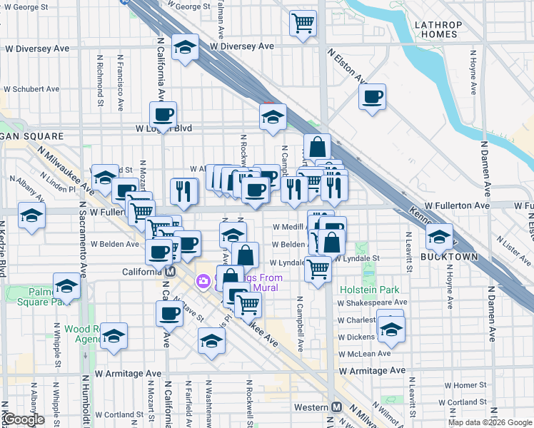 map of restaurants, bars, coffee shops, grocery stores, and more near 2535 West Fullerton Avenue in Chicago