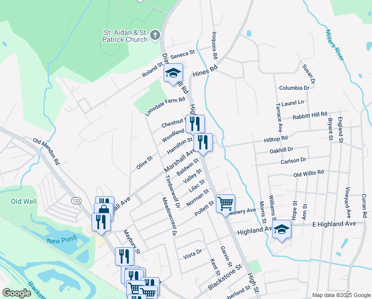 map of restaurants, bars, coffee shops, grocery stores, and more near 226 Marshall Avenue in Cumberland