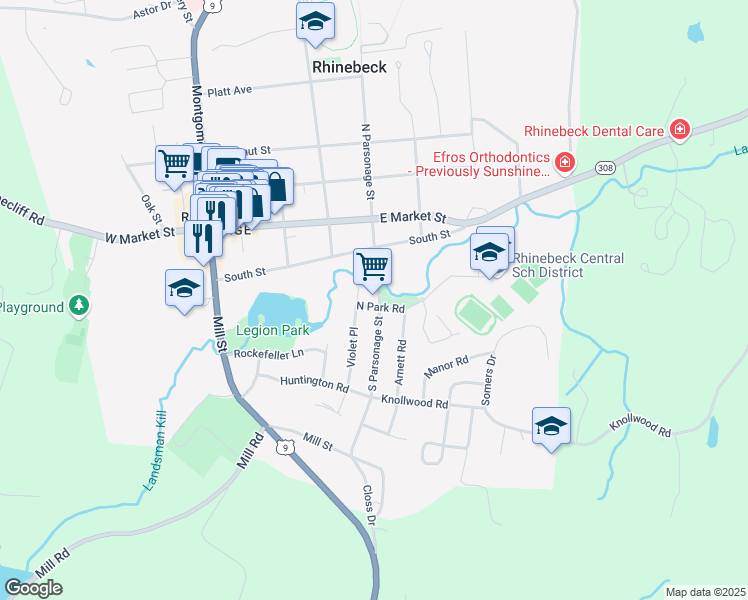 map of restaurants, bars, coffee shops, grocery stores, and more near 16 South Parsonage Street in Rhinebeck Village Business District