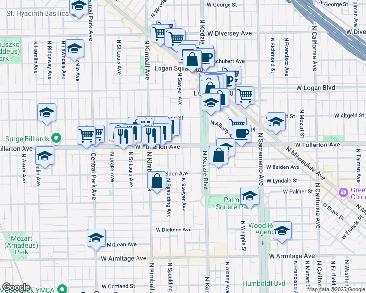 map of restaurants, bars, coffee shops, grocery stores, and more near W Fullerton Ave & N Sawyer Ave in Chicago