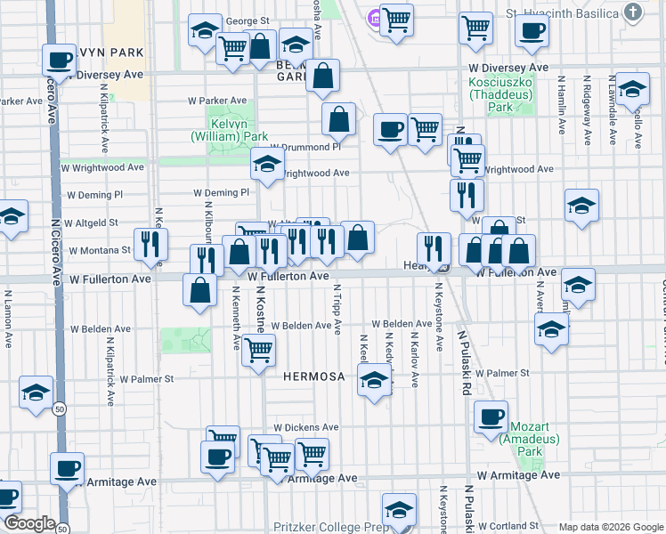 map of restaurants, bars, coffee shops, grocery stores, and more near in Chicago