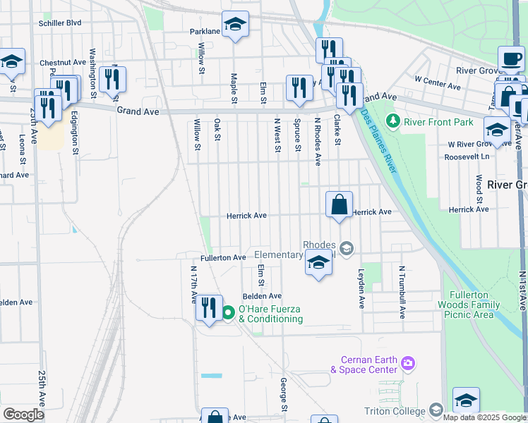 map of restaurants, bars, coffee shops, grocery stores, and more near 2501 Elm Street in River Grove