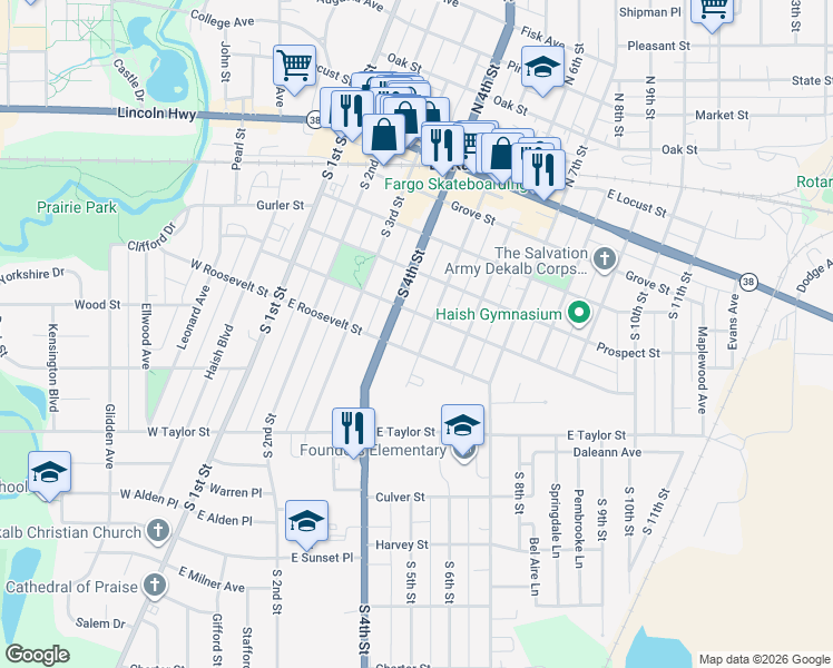 map of restaurants, bars, coffee shops, grocery stores, and more near 517 South 5th Street in DeKalb