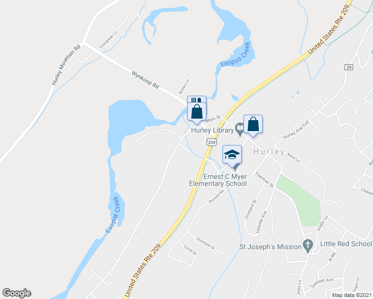 map of restaurants, bars, coffee shops, grocery stores, and more near Firehouse Drive in Hurley