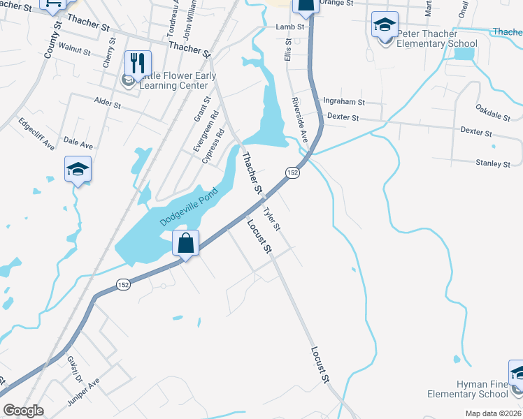 map of restaurants, bars, coffee shops, grocery stores, and more near 348 South Main Street in Attleboro