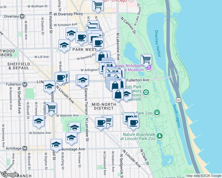 map of restaurants, bars, coffee shops, grocery stores, and more near 2338 North Clark Street in Chicago