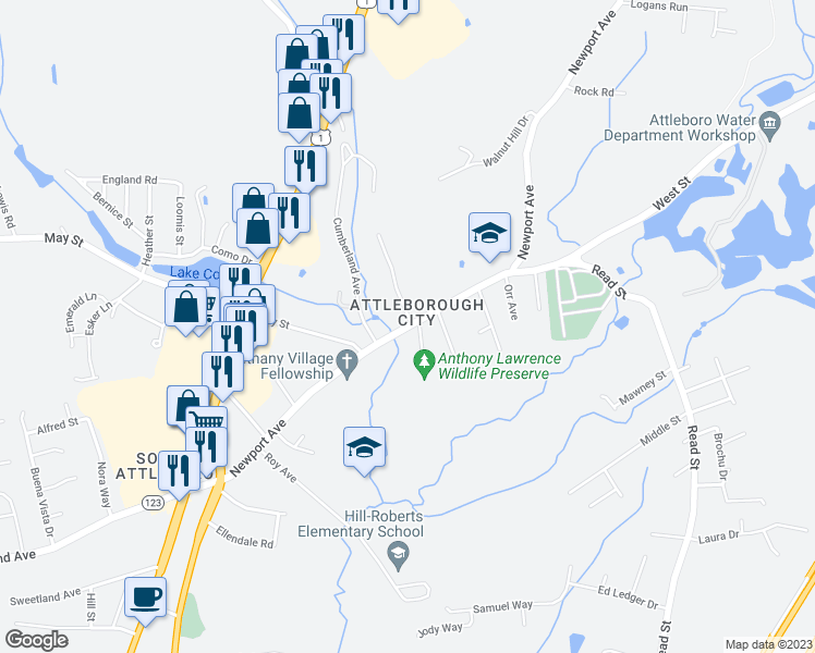 map of restaurants, bars, coffee shops, grocery stores, and more near 459 Newport Avenue in Attleboro