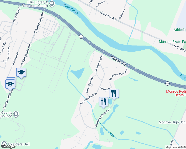 map of restaurants, bars, coffee shops, grocery stores, and more near 827 Carrington Boulevard in Monroe