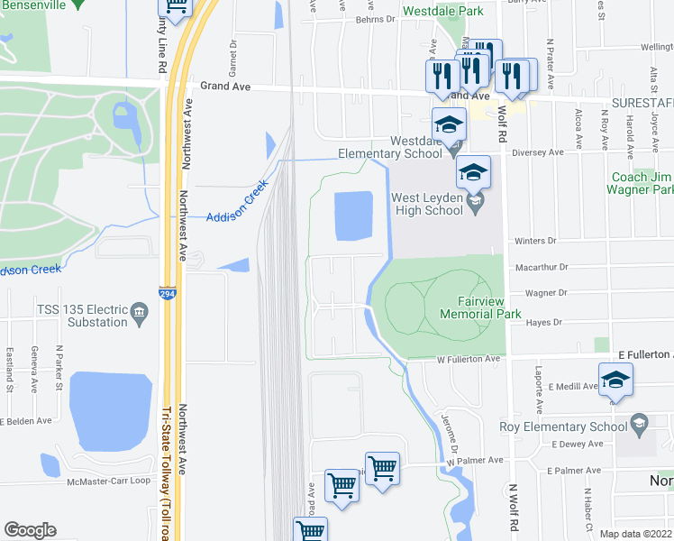 map of restaurants, bars, coffee shops, grocery stores, and more near 35 North King Arthur Court in Melrose Park