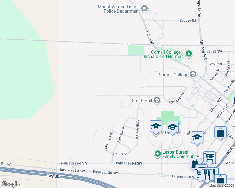 map of restaurants, bars, coffee shops, grocery stores, and more near 1525 3rd Street Southwest in Mount Vernon