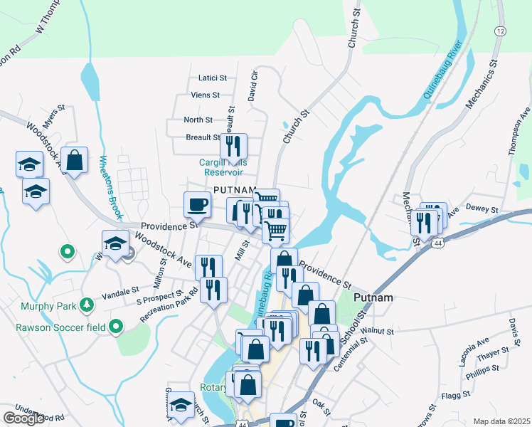 map of restaurants, bars, coffee shops, grocery stores, and more near 318 Church Street in Putnam