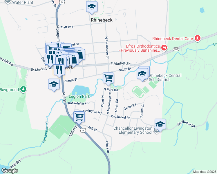 map of restaurants, bars, coffee shops, grocery stores, and more near 15 South Parsonage Street in Rhinebeck