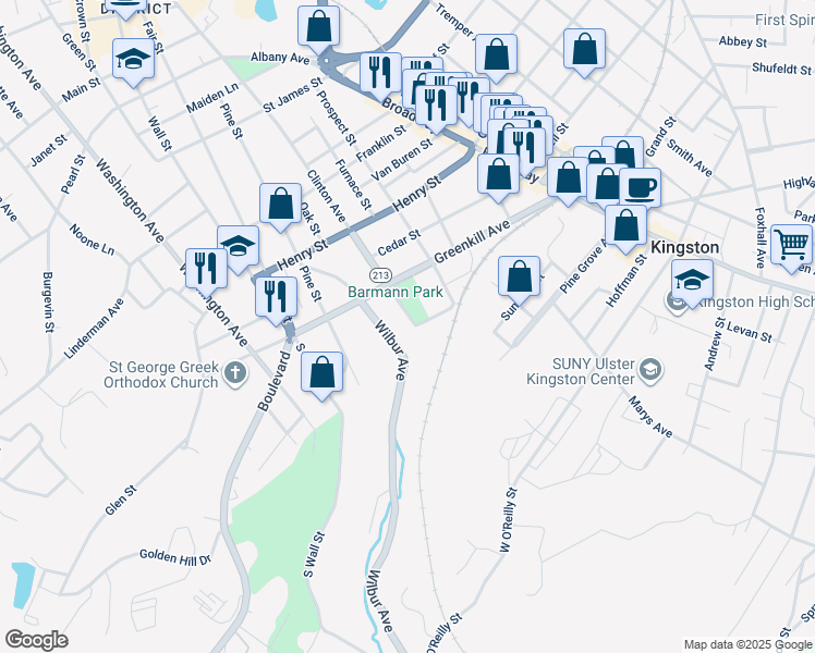 map of restaurants, bars, coffee shops, grocery stores, and more near 26 South Clinton Avenue in Kingston