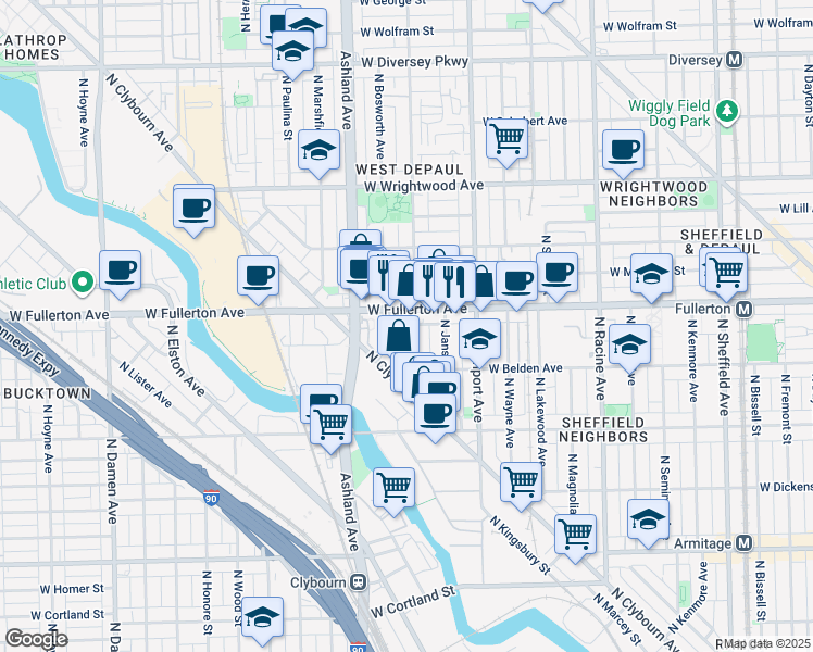 map of restaurants, bars, coffee shops, grocery stores, and more near 1524 West Fullerton Avenue in Chicago